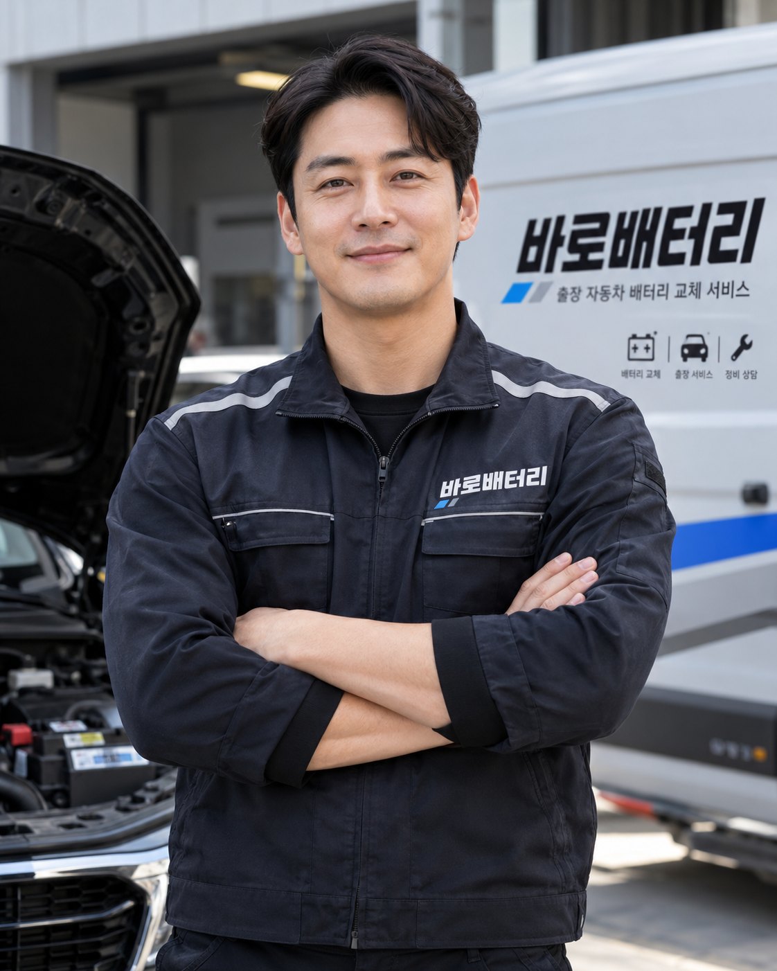바로배터리 작업복을 입고 팔짱을 낀 출장 기사와 보닛이 열린 차량